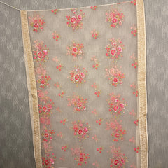 Desi Butik's  Beige Embroidered Net Dupatta with Golden Border & Tassels