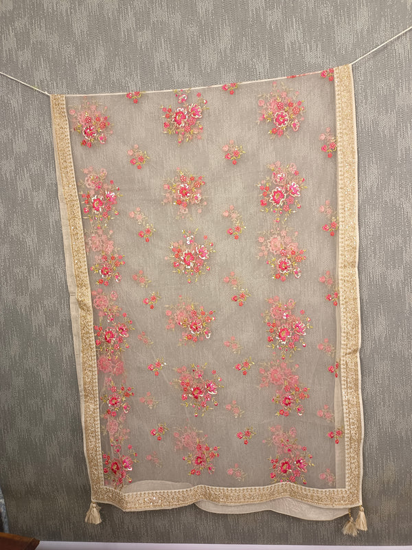 Desi Butik's  Beige Embroidered Net Dupatta with Golden Border & Tassels
