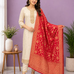 Women's Cream Embroidered Cotton Silk Kurta Set with Trousers & Dupatta