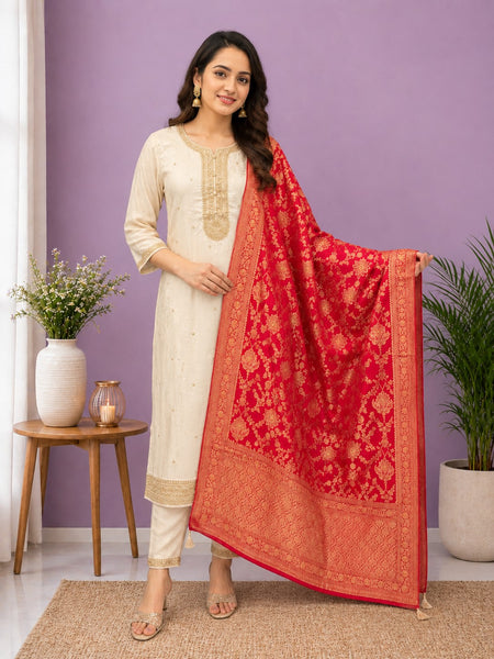 Women's Cream Embroidered Cotton Silk Kurta Set with Trousers & Dupatta