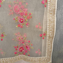 Desi Butik's  Beige Embroidered Net Dupatta with Golden Border & Tassels DB2248