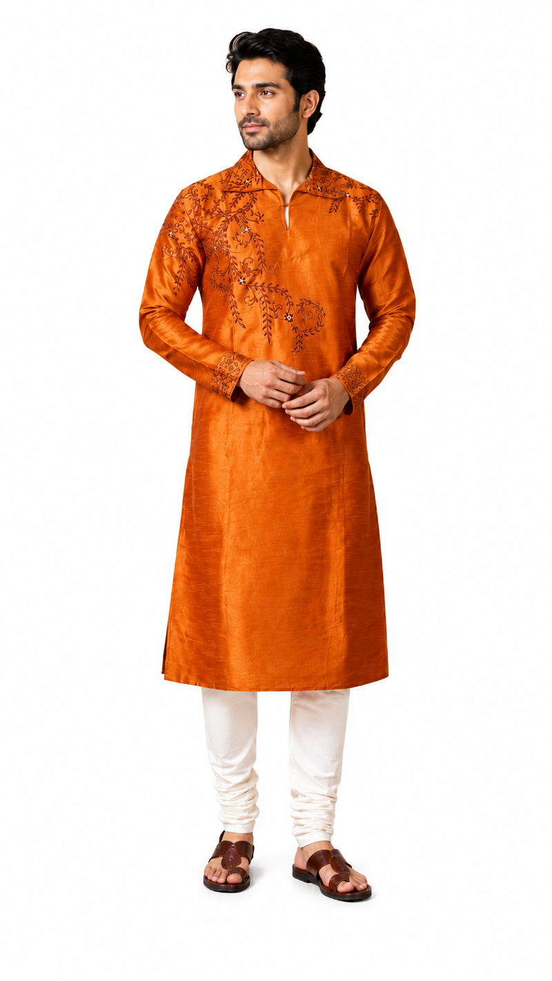 DESI BUTIK Men's Brown Embroidered Kurta Set