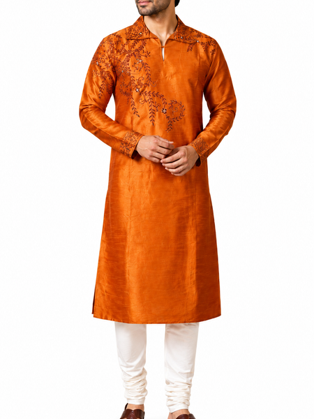 DESI BUTIK Men's Brown Embroidered Kurta Set