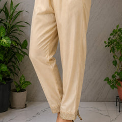 Women's Gold Embroidered Cotton Silk Kurta Set with Trousers & Dupatta