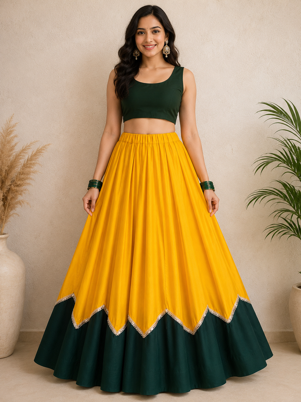 Cotton Silk YELLOW-GREEN Stitched Lehenga  for Navratri DBL5047