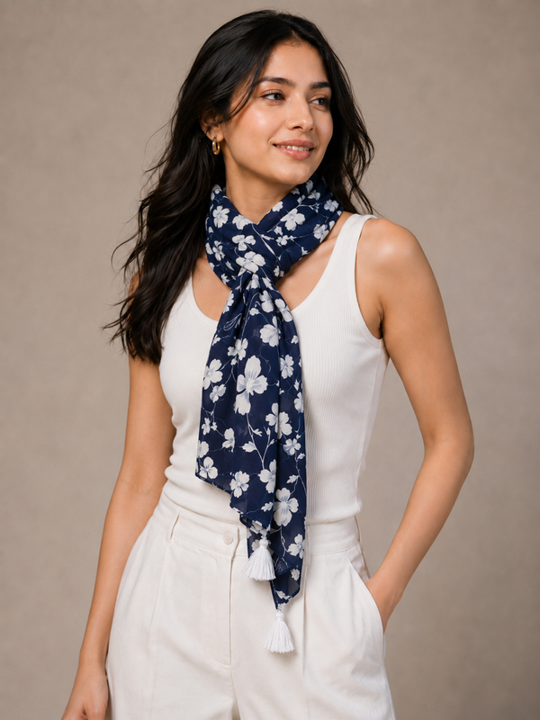 Classy Blue Printed Muslin Everyday Scarves/Stoles for Women SC1