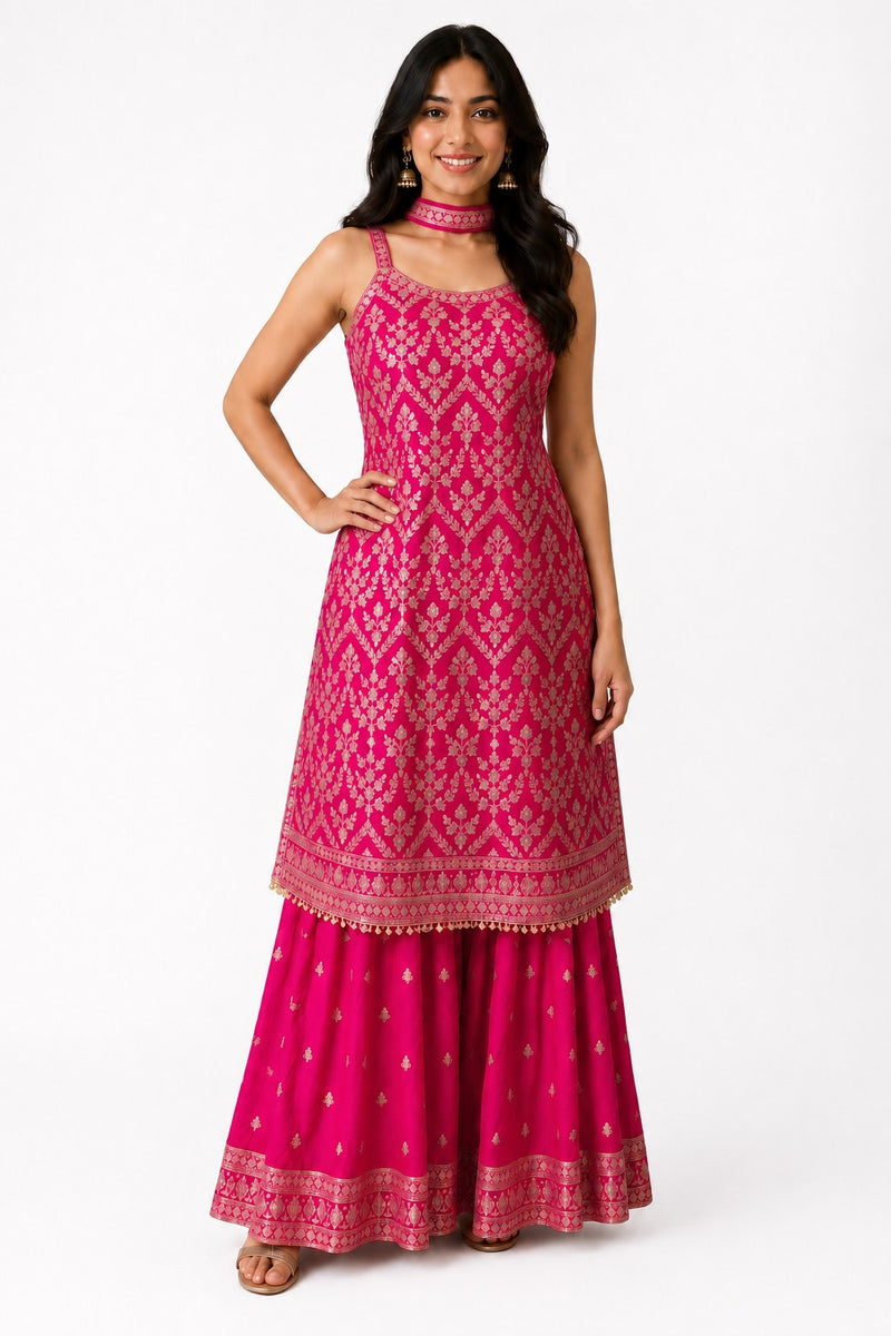 Pink Embroidered Chinon Kurta Set with Sharara & Dupatta for Women