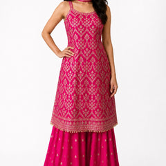 Pink Embroidered Chinon Kurta Set with Sharara & Dupatta for Women