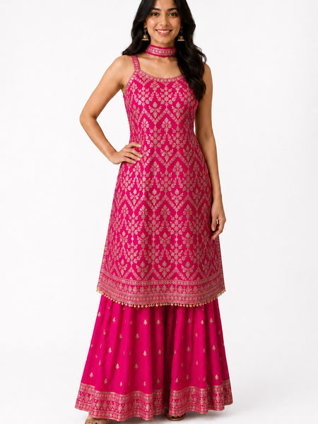 Pink Embroidered Chinon Kurta Set with Sharara & Dupatta for Women