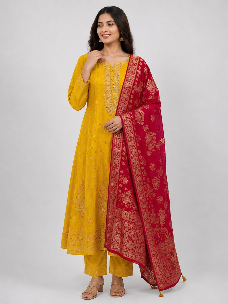 Yellow Embroidered Cotton Silk Anarkali Kurta Set with Trousers & Dupatta