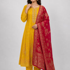 Yellow Embroidered Cotton Silk Anarkali Kurta Set with Trousers & Dupatta