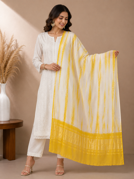 Desi Butik Women’s Gaji Silk Yellow Tie Dye Dupatta DB2268
