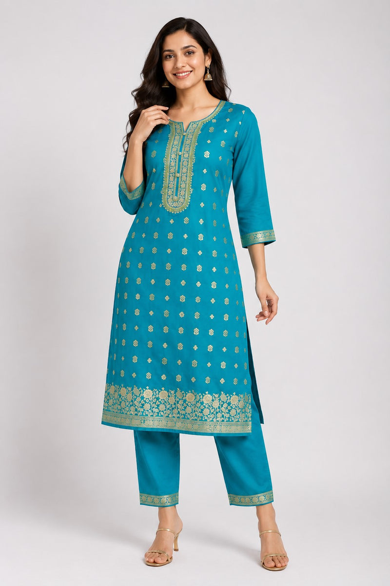 Women's Teal Embroidered Cotton Silk Kurta Set with Trousers & Dupatta