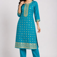 Women's Teal Embroidered Cotton Silk Kurta Set with Trousers & Dupatta