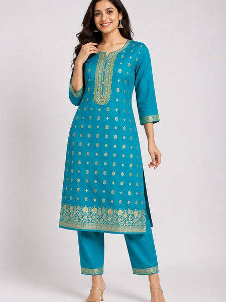 Women's Teal Embroidered Cotton Silk Kurta Set with Trousers & Dupatta