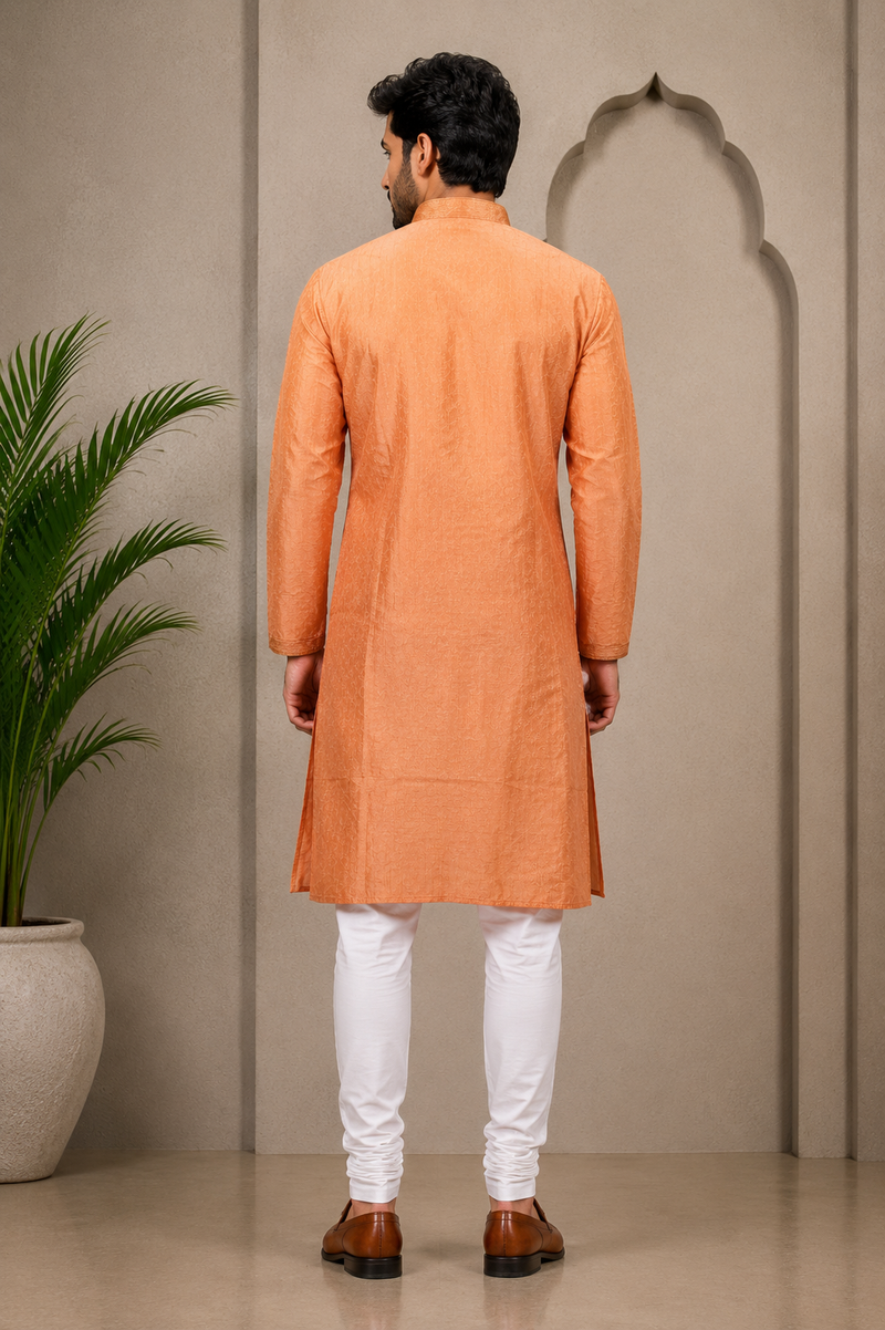 DESI BUTIK Men’s Peach Jacquard Straight Kurta with White Churidar