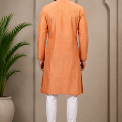 DESI BUTIK Men’s Peach Jacquard Straight Kurta with White Churidar