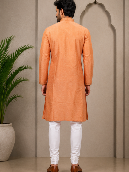 DESI BUTIK Men’s Peach Jacquard Straight Kurta with White Churidar