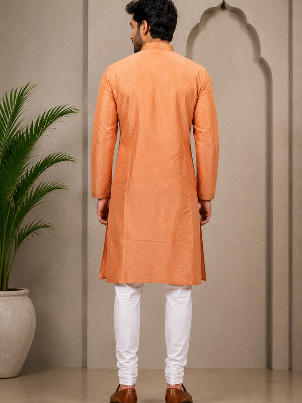 DESI BUTIK Men’s Peach Jacquard Straight Kurta with White Churidar