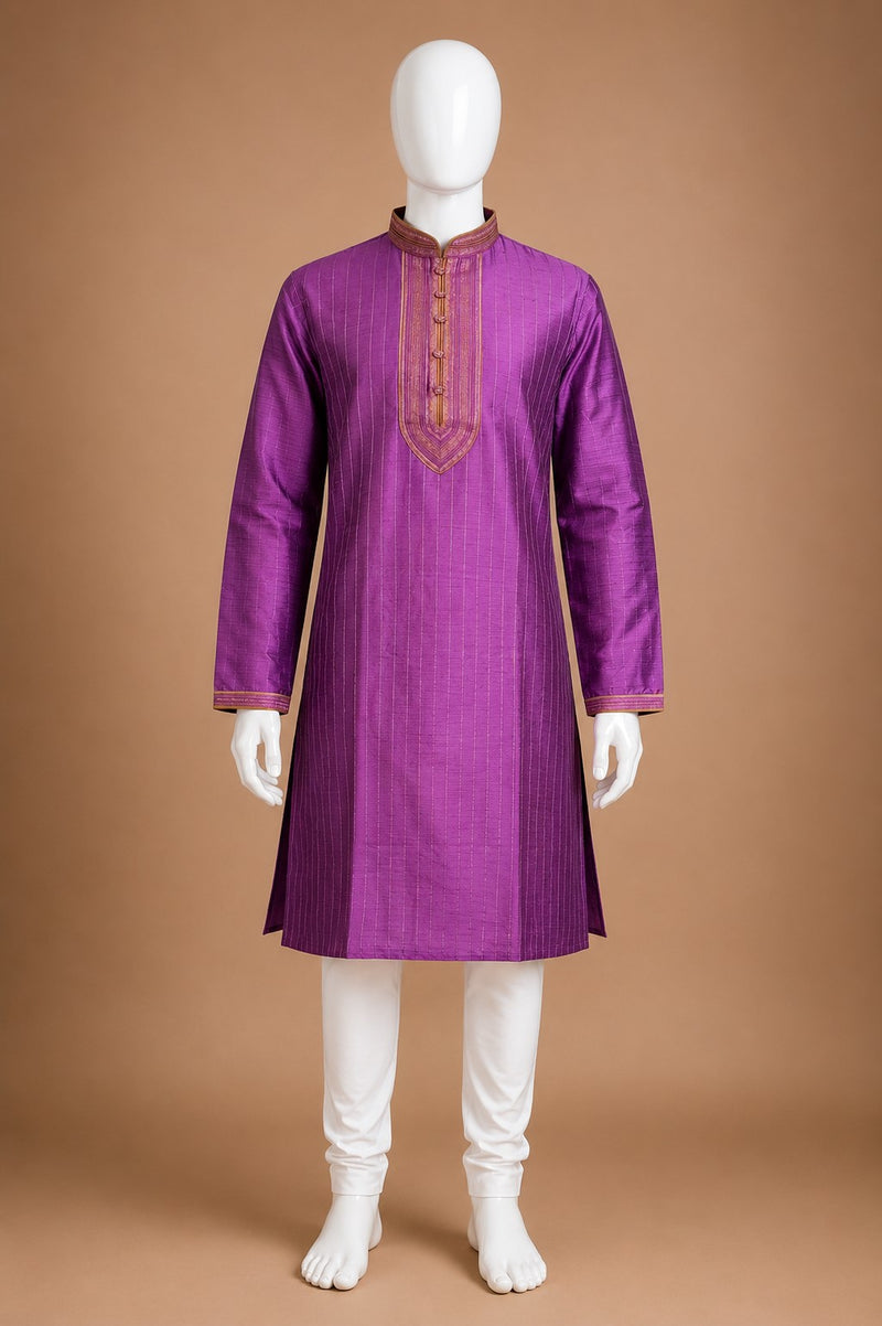 DESI BUTIK Men's Printed Purple Kurta Set