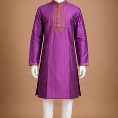 DESI BUTIK Men's Printed Purple Kurta Set