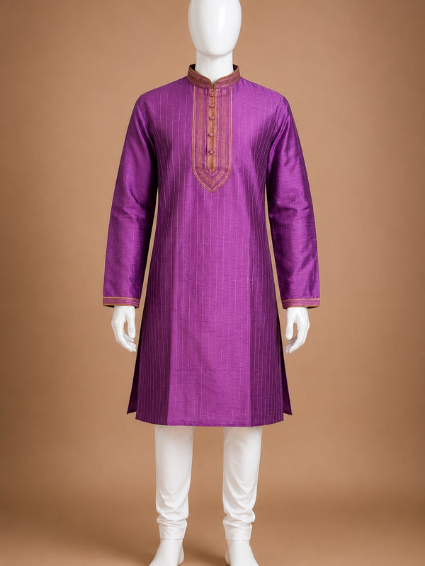 DESI BUTIK Men's Printed Purple Kurta Set