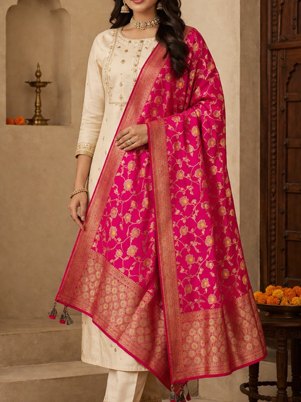 Desi Butik Rani Pink Banarasi Silk Dupatta with Floral Jaal