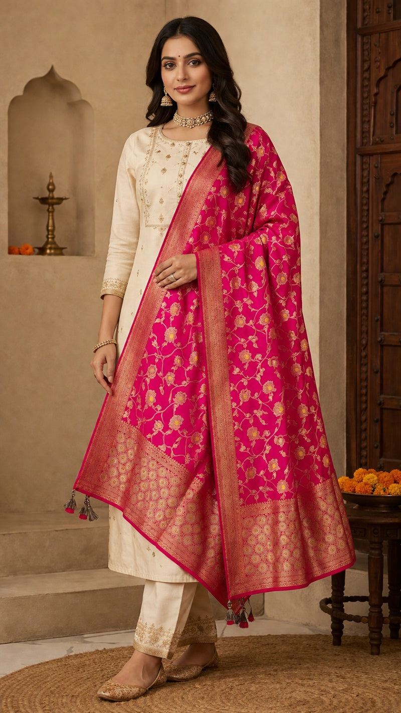 Desi Butik Rani Pink Banarasi Silk Dupatta with Floral Jaal