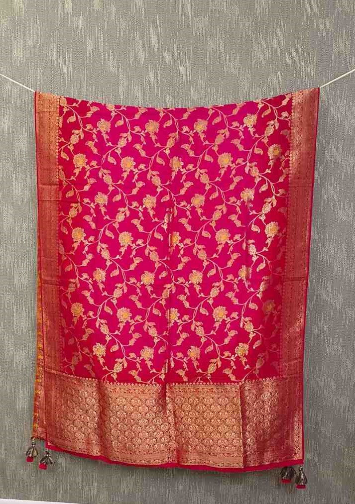 Desi Butik Rani Pink Banarasi Silk Dupatta with Floral Jaal DB2256