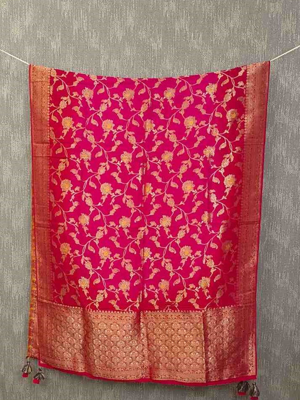 Desi Butik Rani Pink Banarasi Silk Dupatta with Floral Jaal DB2256