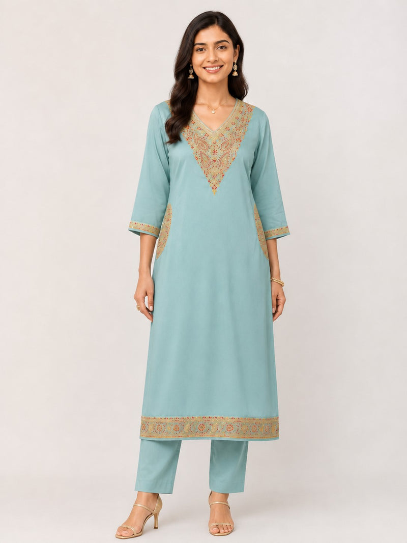 Women's Blue Embroidered Cotton Silk Kurta Set with Trousers & Dupatta