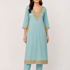 Women's Blue Embroidered Cotton Silk Kurta Set with Trousers & Dupatta