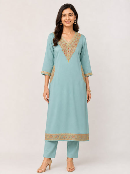 Women's Blue Embroidered Cotton Silk Kurta Set with Trousers & Dupatta