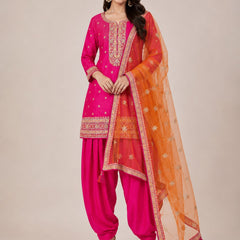 Women's Pink Embroidered Cotton Silk Kurta Set with Dhoti Pants & Dupatta