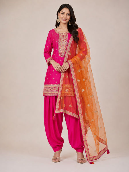 Women's Pink Embroidered Cotton Silk Kurta Set with Dhoti Pants & Dupatta