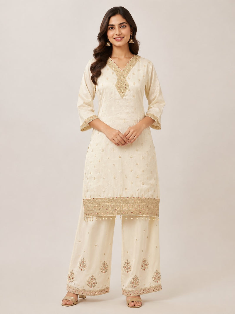 Women's Cream Embroidered Cotton Silk Kurta Set with Palazzos & Dupatta
