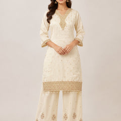 Women's Cream Embroidered Cotton Silk Kurta Set with Palazzos & Dupatta