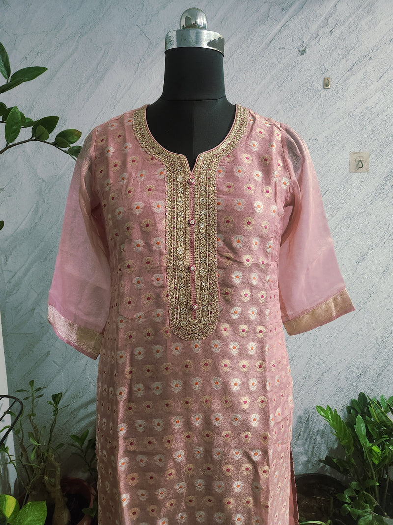 Women's Pink Embroidered Cotton Silk Kurta Set with Dupatta