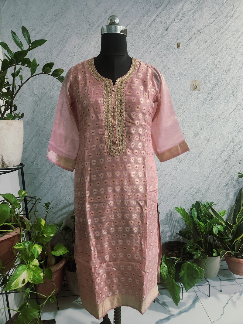 Women's Pink Embroidered Cotton Silk Kurta Set with Dupatta