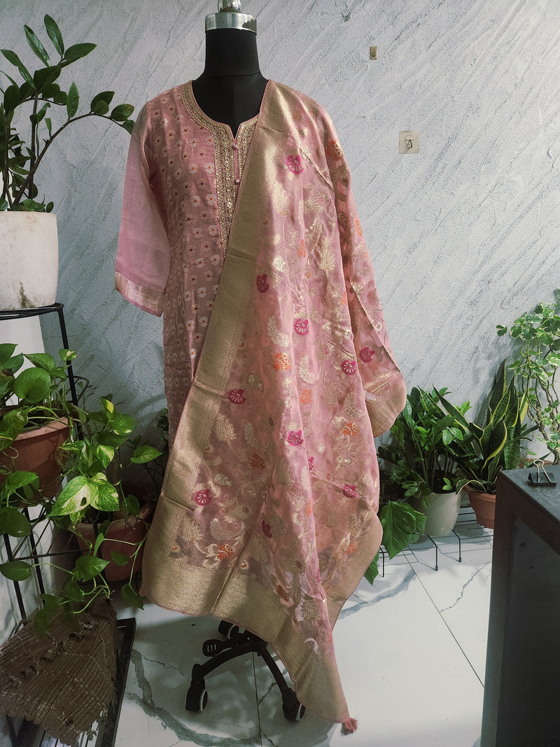 Women's Pink Embroidered Cotton Silk Kurta Set with Dupatta