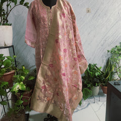 Women's Pink Embroidered Cotton Silk Kurta Set with Dupatta