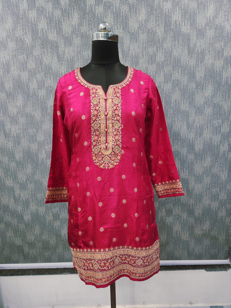 Women's Pink Embroidered Cotton Silk Kurta Set with Dhoti Pants & Dupatta