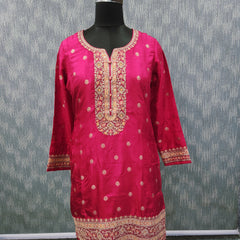 Women's Pink Embroidered Cotton Silk Kurta Set with Dhoti Pants & Dupatta