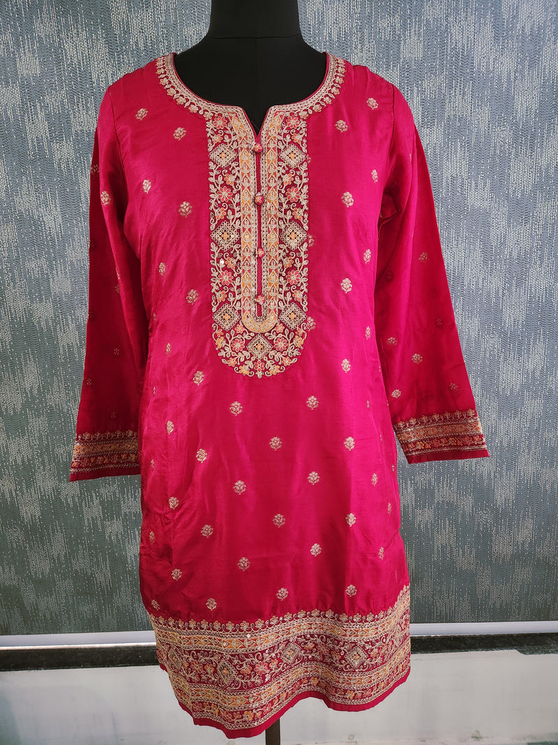 Women's Pink Embroidered Cotton Silk Kurta Set with Dhoti Pants & Dupatta