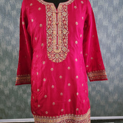 Women's Pink Embroidered Cotton Silk Kurta Set with Dhoti Pants & Dupatta
