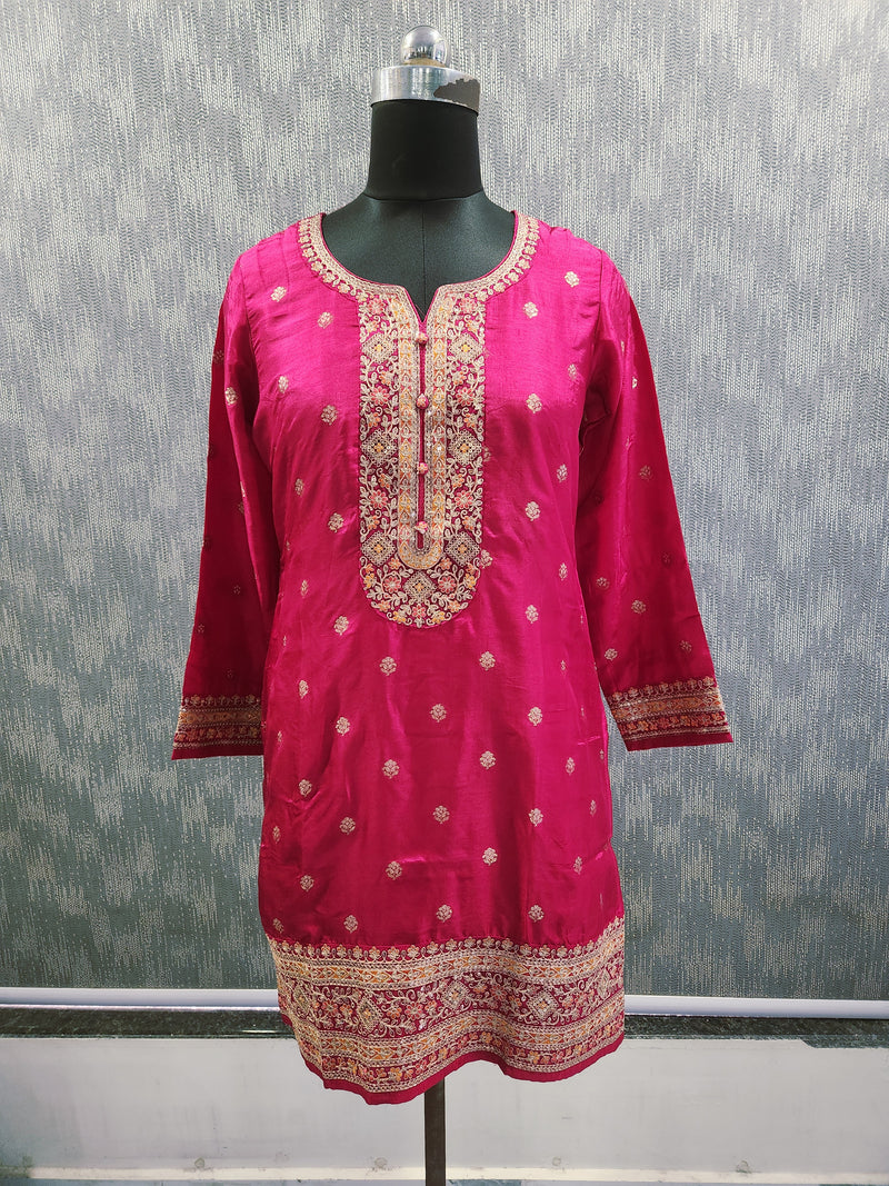 Women's Pink Embroidered Cotton Silk Kurta Set with Dhoti Pants & Dupatta