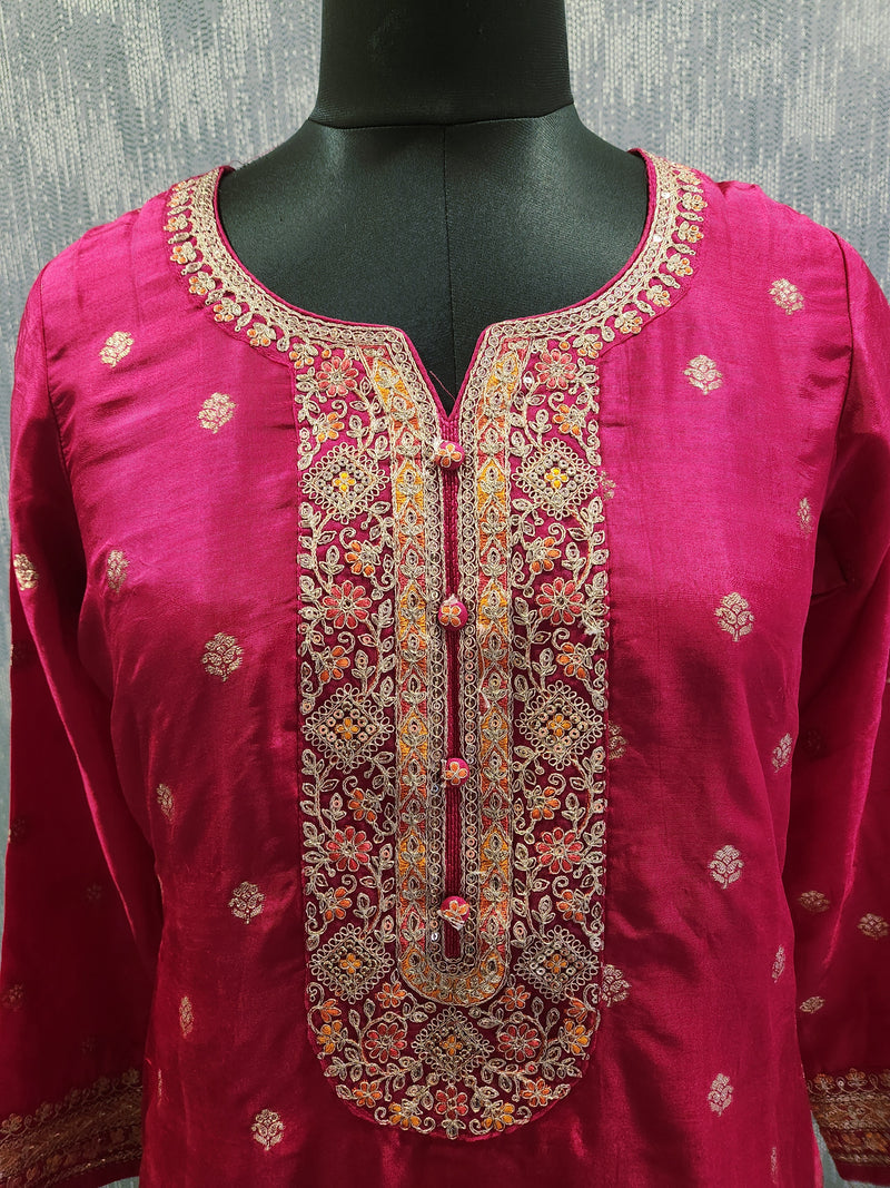 Women's Pink Embroidered Cotton Silk Kurta Set with Dhoti Pants & Dupatta