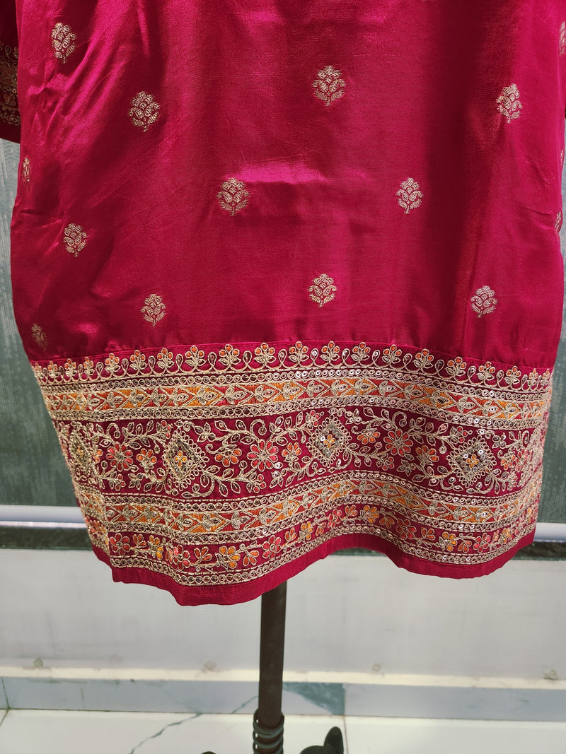 Women's Pink Embroidered Cotton Silk Kurta Set with Dhoti Pants & Dupatta