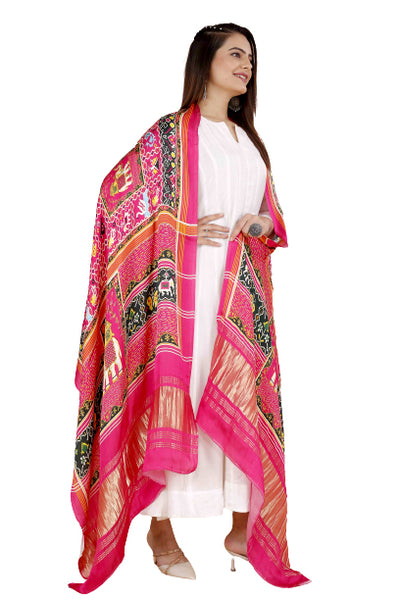 Red Women's Gaji Silk Dupatta suitable for Navratri, Diwali & All Occasions DB2088