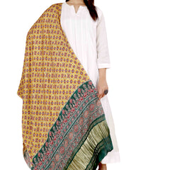 Yellow & Blue Women's Gaji Silk Dupatta suitable for Navratri, Diwali & All Occasions DB2091
